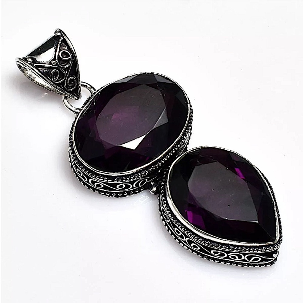 Antique Amethyst Pendant Necklace, Sterling Silver, Charm Gemstone, State… - Picture 3 of 7